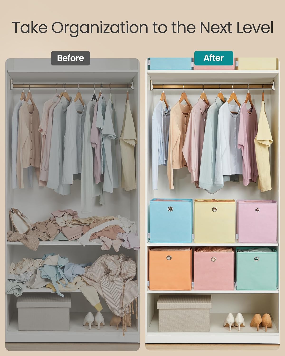 SONGMICS Storage Cubes. Set of 6 Odorless Foldable Storage Boxes | Closet Organizers for Shelf. Rainbow Storage Bins. 10.2 x 10.2 x 11 Inches. URFB226X01 - Image 7