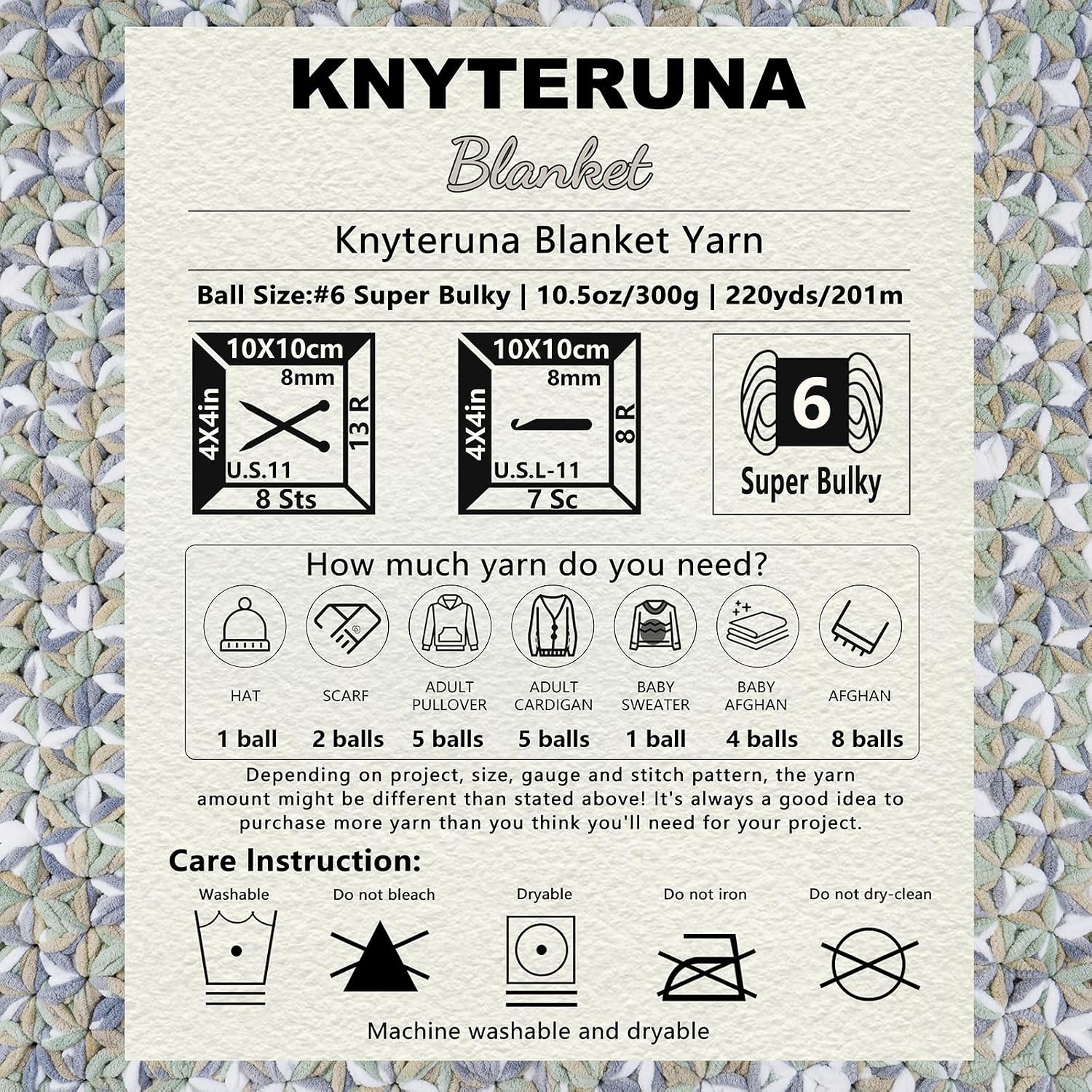 #6 Super Bulky Blanket Yarn for Crocheting - 4 Skeins(Each 10.5oz/300g. 220yds/201m). Chunky Chenille Thick Plush Big Soft Yarn for Crocheting Knitting Blankets. Cream & Sage & Grey & Khaki - Image 8